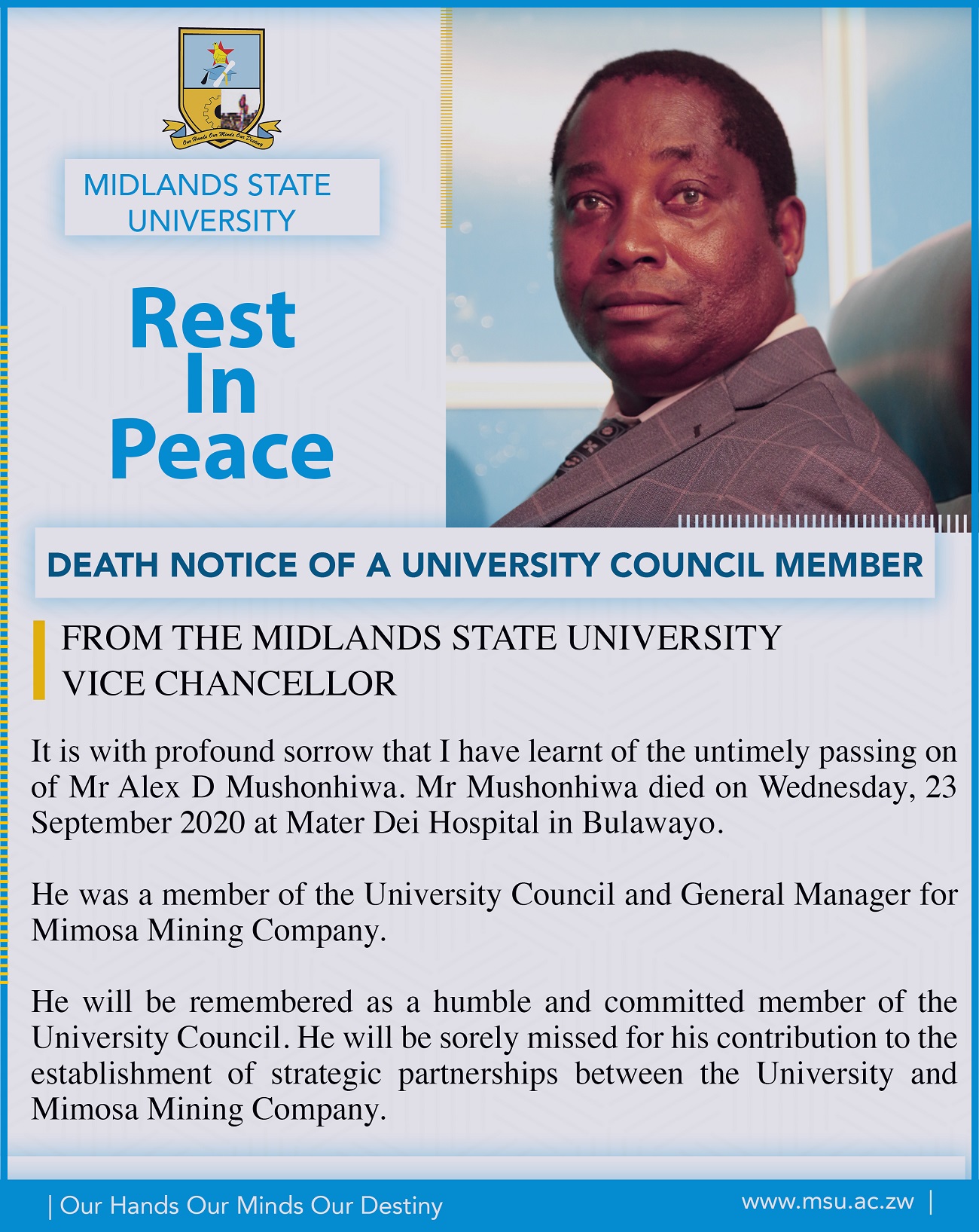 Mr Alex Dzimbanhete Mushonihwa Condolence NOTE