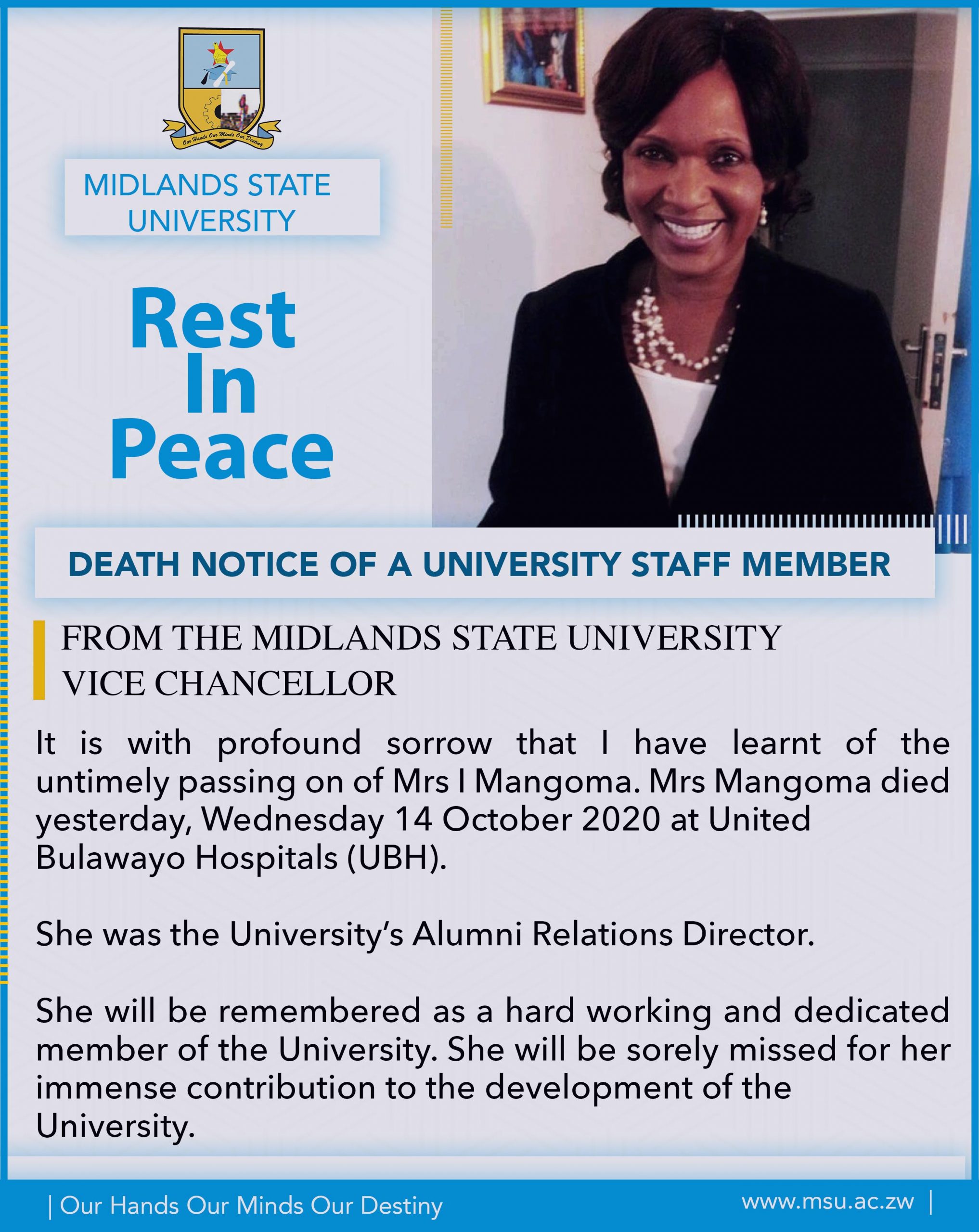 DEATH NOTICE - MRS I MANGOMA