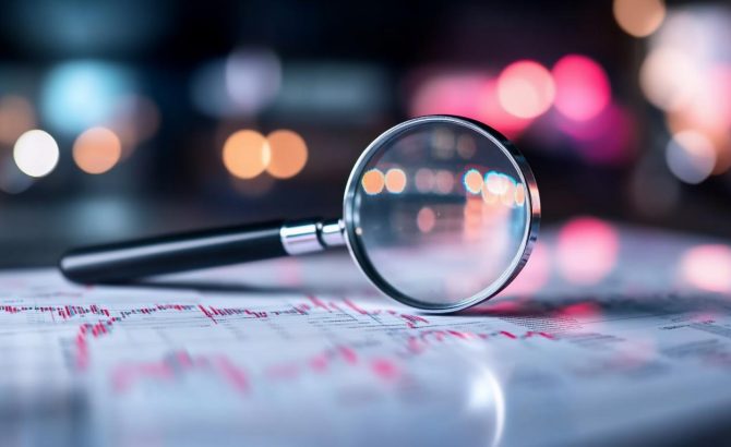 A magnifying glass rests on a document with graphs and data.