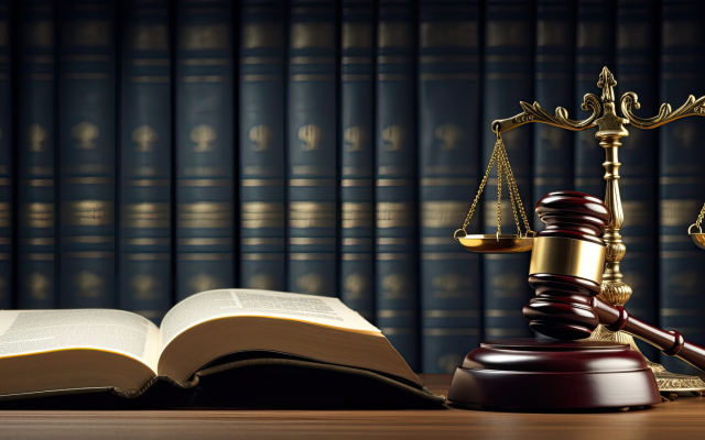 Legal Law and Justice concept Open law book with a wooden judges gavel in a courtroom or law enforcement office